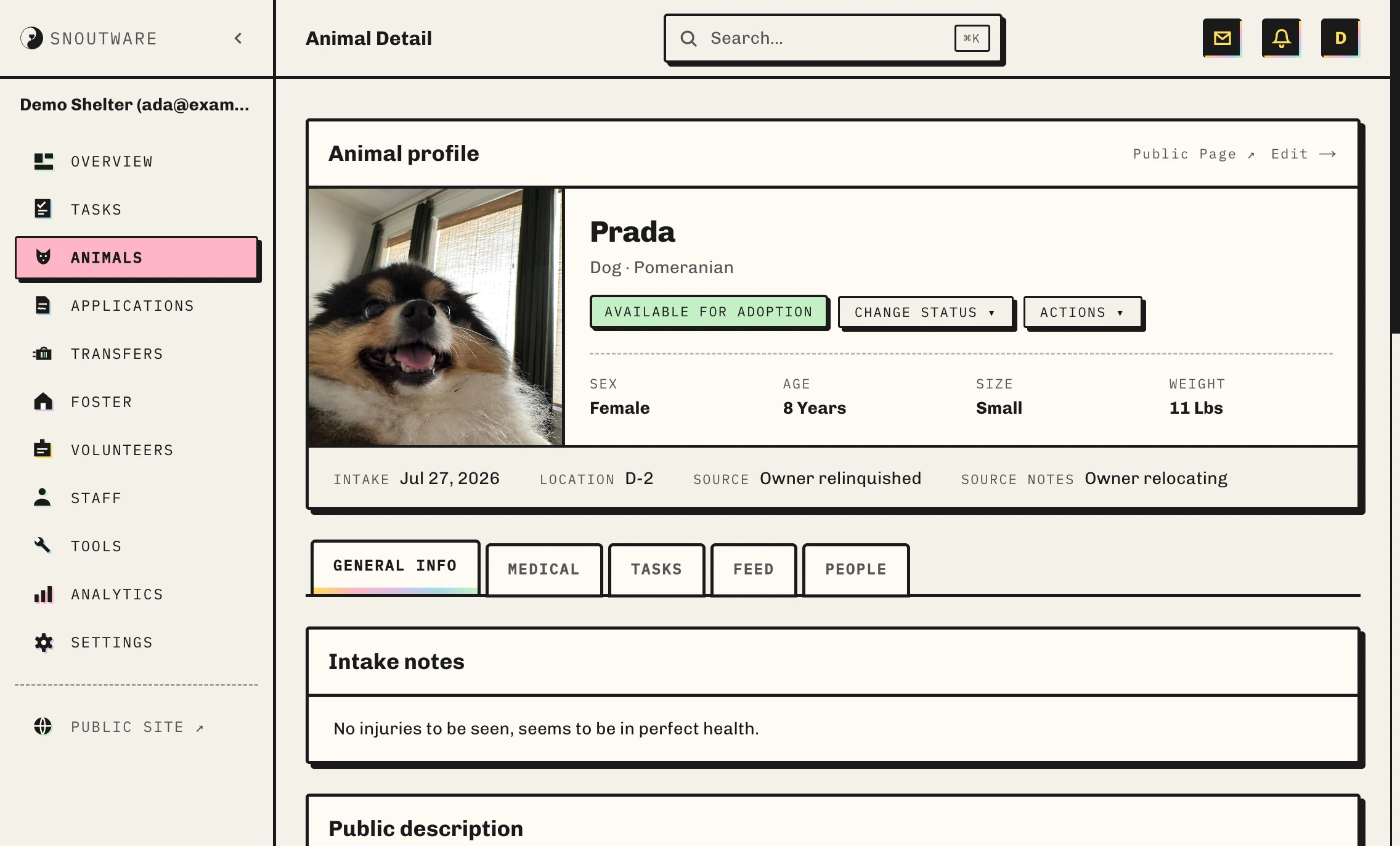 One animal's record: Prada, a female eight-year-old Pomeranian photographed indoors, marked available for adoption, with her size, weight, intake date, kennel and where she came from, above tabs for general info, medical, tasks, feed and people.
