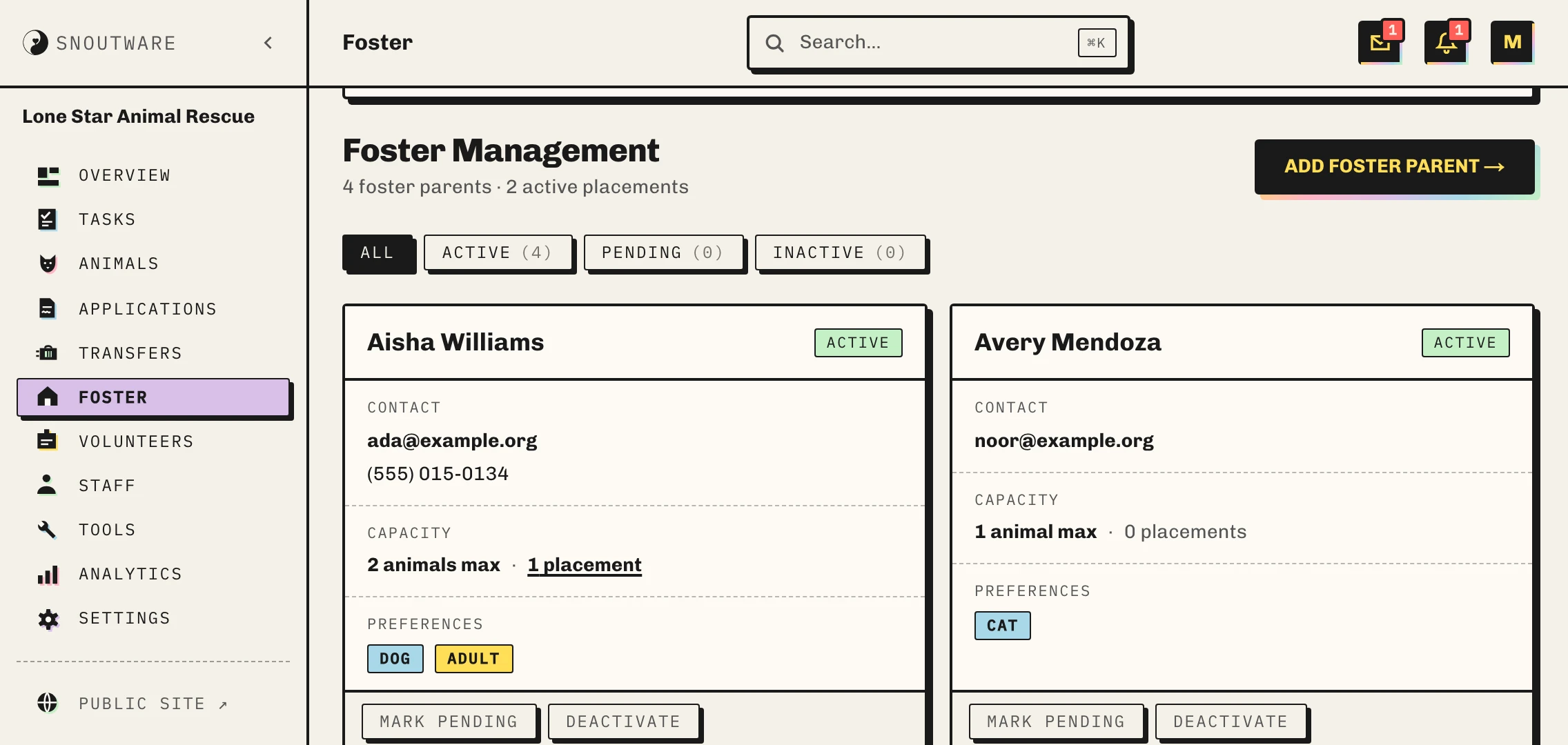 The foster list: four foster parents, two active placements, and a card each showing contact details, how many animals they can take, current placements, and which species they prefer.