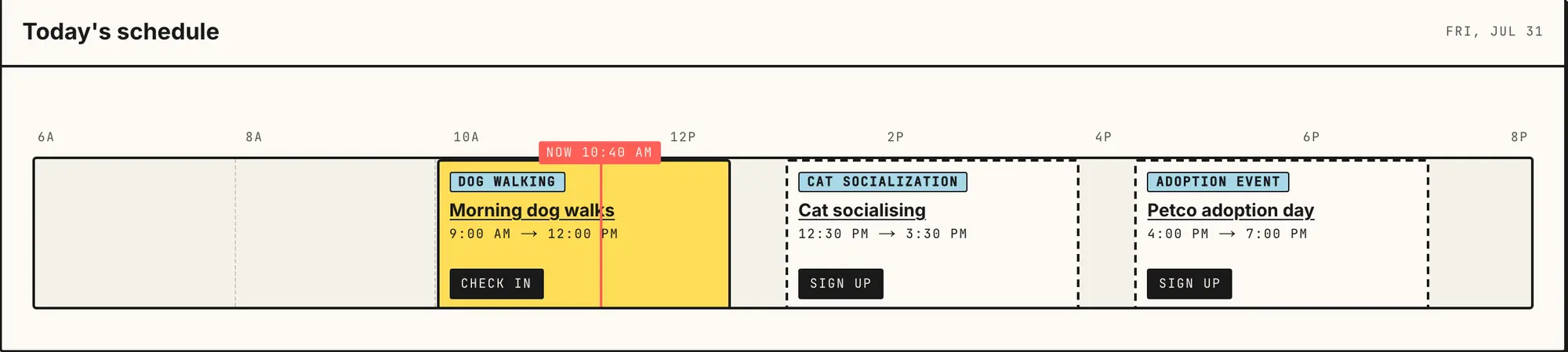A volunteer's day: a timeline from 6am to 8pm with a red line at the current time. The morning dog walk they signed up for is filled in with a check-in button, and cat socialising and an adoption day sit open with sign-up buttons.