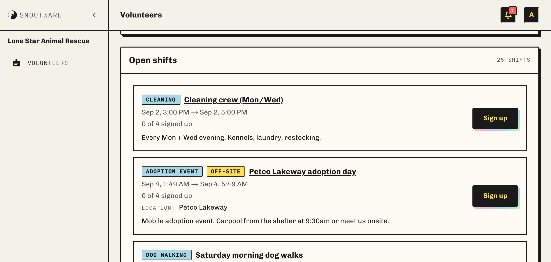 A volunteer's list of open shifts: Saturday morning dog walks, a Petco Lakeway adoption day marked off-site, and a Mon/Wed cleaning crew. Each shows its date and time, how many of its places are taken, and a sign-up button.